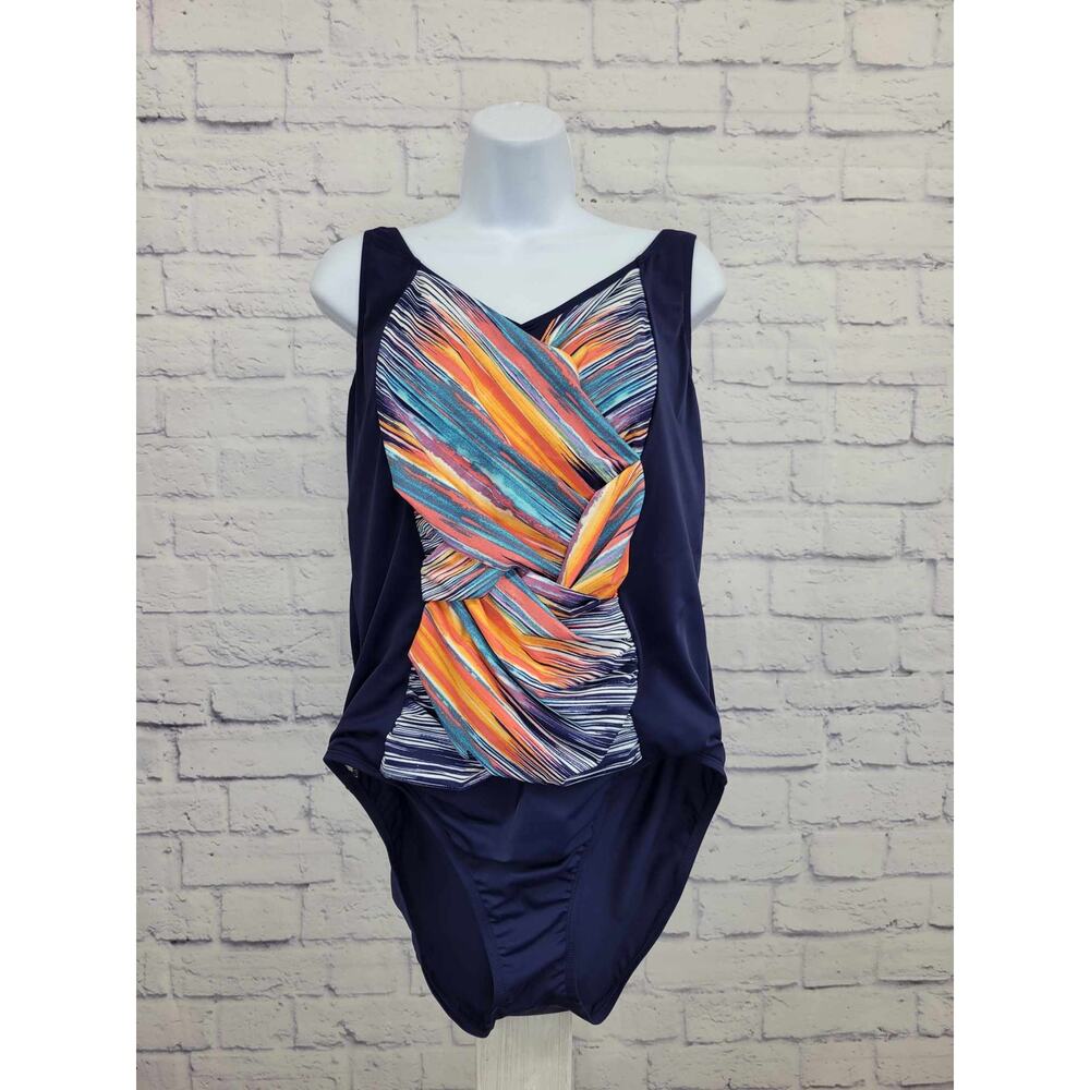 12R NAVY A375176 Denim & Co. Beach Criss Cross One Piece